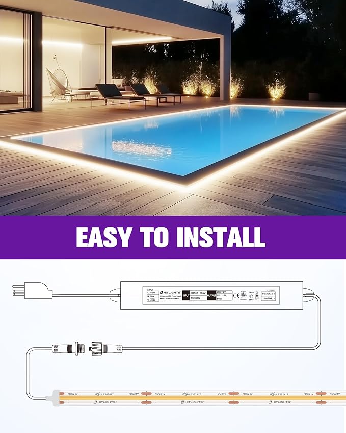 Outdoor COB LED Strip Lights Kit Waterproof White 4000K, 24V Tape Light with Power Supply, IP67, 2560 LEDs, 305 lm/ft, CRI 90+, UL Listed, Premium Lighting for Bathroom, Backyard, Garden, 16.4ft