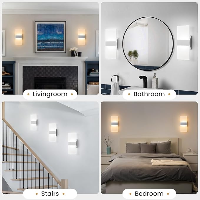 Modern LED Wall Sconce, 5CCT Dimmable Brushed Nickel Wall Lights, 12W 800LM 2700K-5000K Adjustable, Hardwired Indoor Up and Down Acrylic Wall Light Lighting for Living Room Bedroom Hallway, ETL
