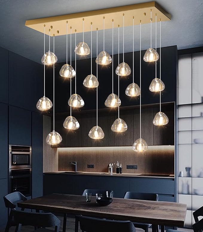 W35 x D11.8 x H118 Rectangular Chandelier Bubble Crystal Balls Glam Chandeliers Dimmable Light High Ceiling Pendants Light Fixtures Adjustable Long Lights Antique Gold