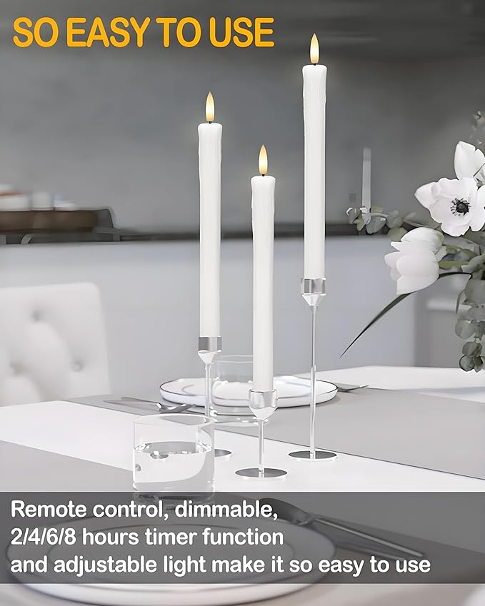 9.6" Flickering Flameless Taper Candles with Remote Timer, White LED CandleSticks, Box of 6 Long Battery Operated Candles for Window, Table, and Mantel Decor