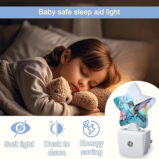 Watercolor Bird Dusk to Dawn Star Night Light,Hummingbird Flower Smart Sensor Nightlight for Bedroom Kitchen Hallway Stairs,Plug-in Energy Efficient Decor Desk Lamp Women Men Gifts