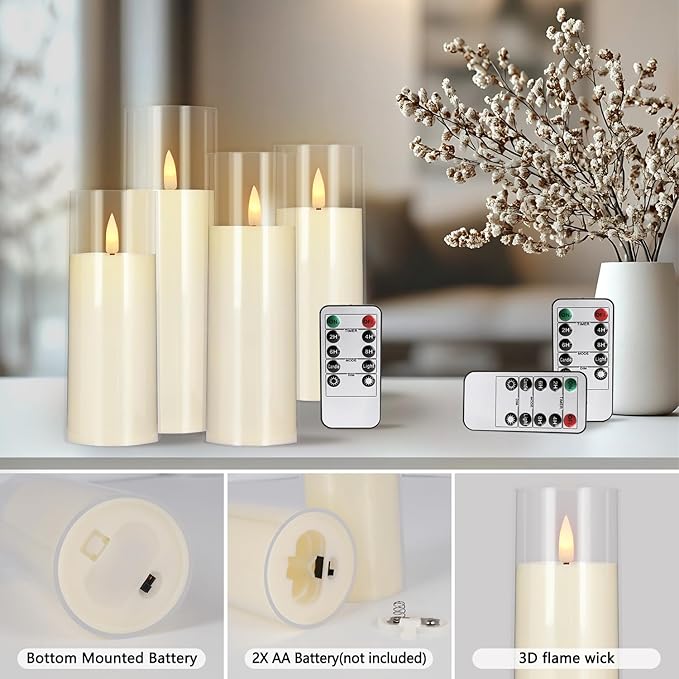 Flickering Flameless Candles Battery Operated with Remote and 2/4/6/8 H Timer Plexiglass LED Pillar Candles with Realistic Moving Wick for Home Decor Pack of 48 (D2.2 xH 5" 6" 7") (Ivory)