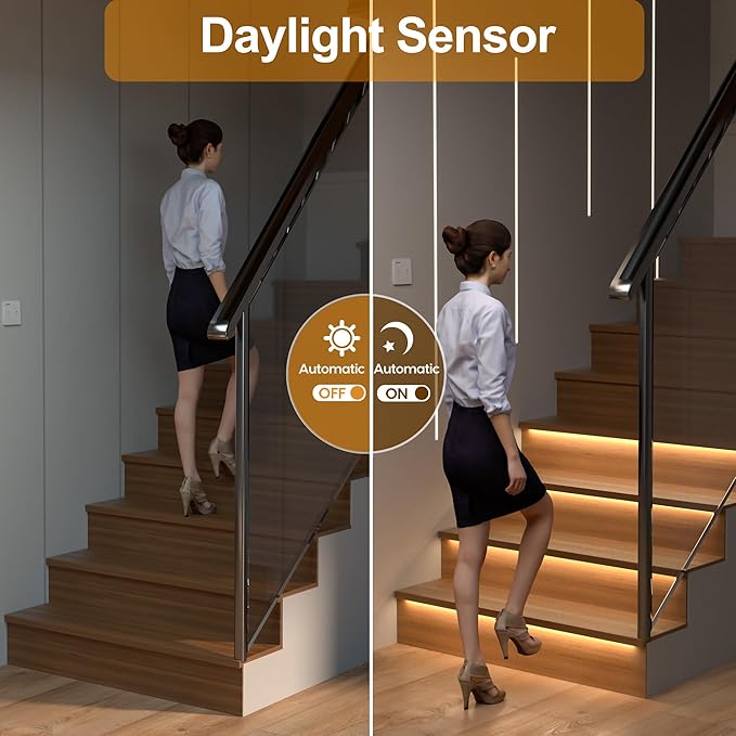 Motion Sensor with Daylight Sensor LED Stair Light Kit KMG-4233, Multiple Functions with Switch Panel Control, 40 Inches Light Strip for Indoor Use (Warm White 3000K, 12 Stairs)
