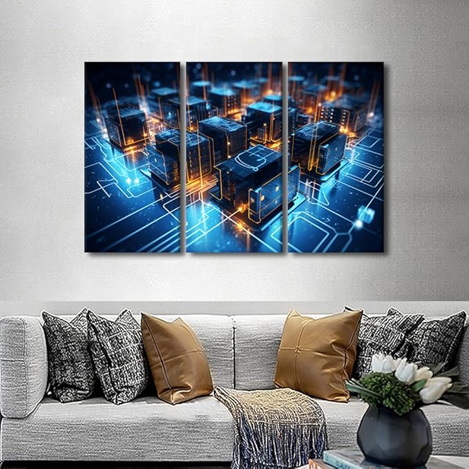 TUMOVO 3 Panel Wall Art for Living Room Artificial Intelligence Artwrok Picture Poster, Digital Network Posters and Prints for Home Wall Decoration, Wooden Framed Ready to Hang, 42" Wx28 H