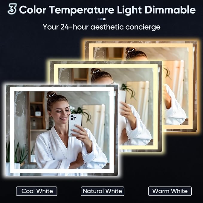 LED Bathroom Mirror, 48"x36" with Frontlit and Backlit Anti-Fog Mirror with Lights LED Vanity Mirror for Bathroom 3 Colors Temperature & Dimmable Bathroom Mirror with HD Tempered Glass