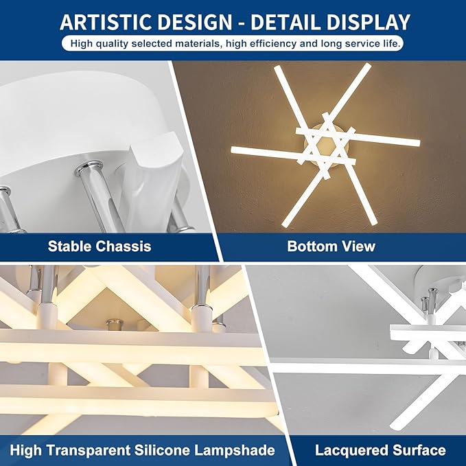 Dimmable LED Ceiling Light with Remote, 6-Light Surface Mount Ceiling Lights for Bedroom Living Dining Room, Modern White Ceiling Lamp LED Chandeliers Ceiling Light for Kitchen 24''