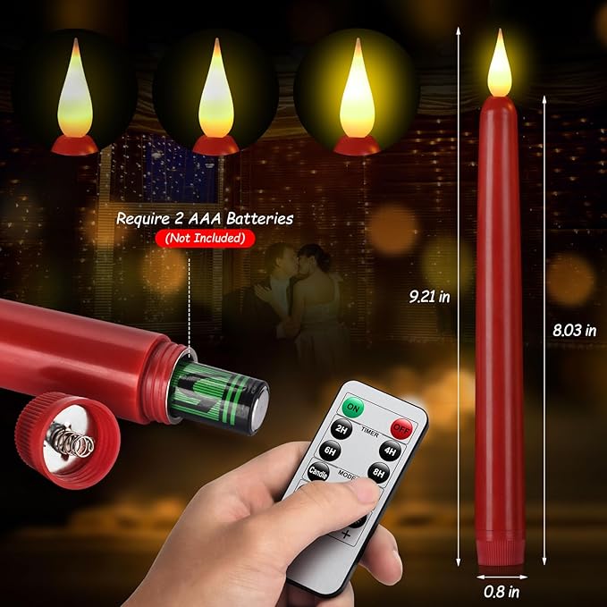 Flameless Taper Candles with Remote Control,3/6/9/12/15pack Plastic LED Candles, Flickering Battery Operated, 9.2'’Classic Tall Candle for Wedding, Party,Christmas,Home Decor (15PACK, Red)