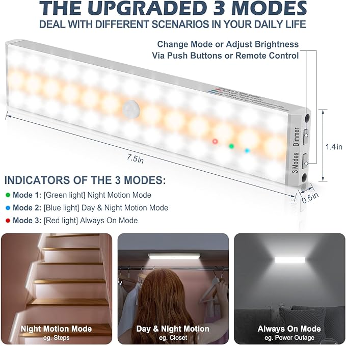 BLS LED Closet Lights, 38 LED Wireless Under Cabinet Lighting Battery Operated Lights with Remote, 1500mah Battery Powered Lights, USB Rechargeable Motion Sensor Light Indoor, Dimmable 3 Colors 3 Pack