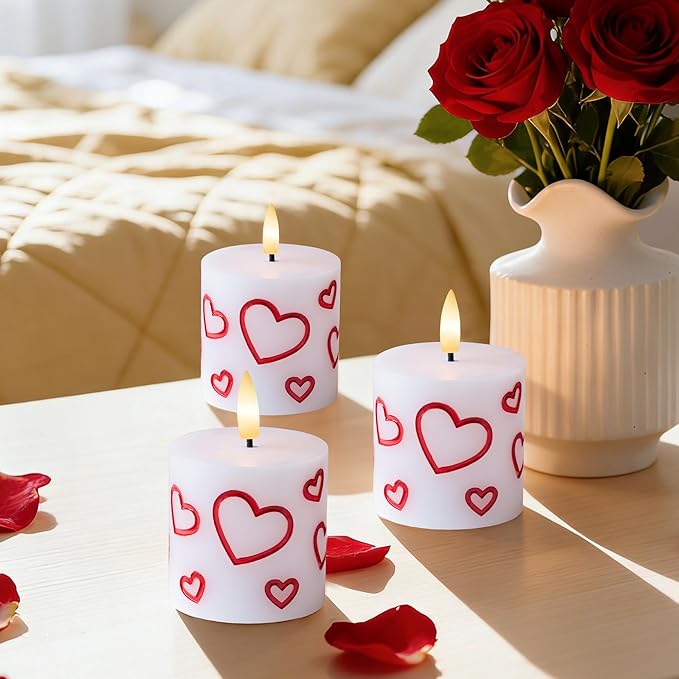 Valentine Day Flameless Pillar Candles with Remote, Real Wax Battery Operated Candles, 3 Pack Flickering LED Heart Candle for Proposal Wedding Anniversary Romantic Night