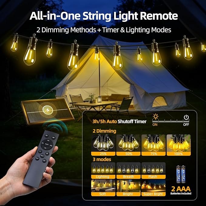Solar Lights Outdoor Patio Lights: S14 25M 82FT Solar Powered Remote Control 3 Light Modes Dimmable Solar Waterproof Light - Shatterproof Bulbs - Camping Backyard Garden Deck Outside Yard
