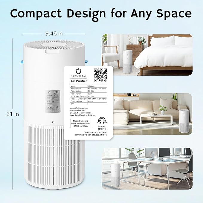 Airthereal 2-in-1 Air Purifier and Humidifier Combo for Large Room up to 1325 ft², 3-Stage Filters, Air Quality Monitor and Quiet Sleep Mode, Evaporative Humidifier with Hygrometer, AEH300