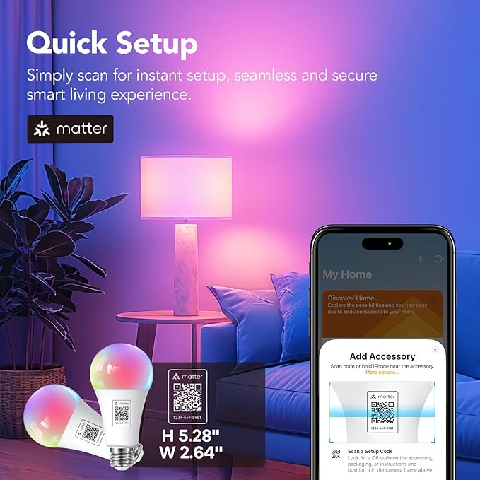 OREiN Matter Smart Light Bulb, 1600 Lumens 100W Equivalent Smart Light Bulbs, Color Changing Light Bulbs Work with Apple Home, Alexa, Google Home, SmartThings, A21 Smart Bulbs 2.4Ghz WiFi, 4Pack