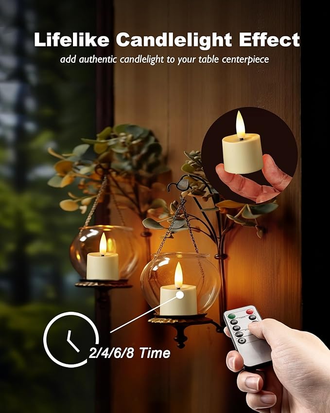 Remote Candles, 12Pcs Timer LED Votive Candle, Realistic 3D Flickering Flameless Tea Light Candles Battery Operated with 2/4/6/8H Timer for Home Decor- Ivory Base