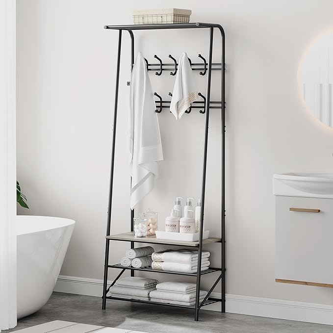 4-in-1 Hall Tree with Shoe Bench & Double Row Hooks (10) – 3-Tier Storage Shelf, Metal Frame, Wood Accent – Entryway Coat Rack for Hallway, Bedroom – Gray, 60cm Wide