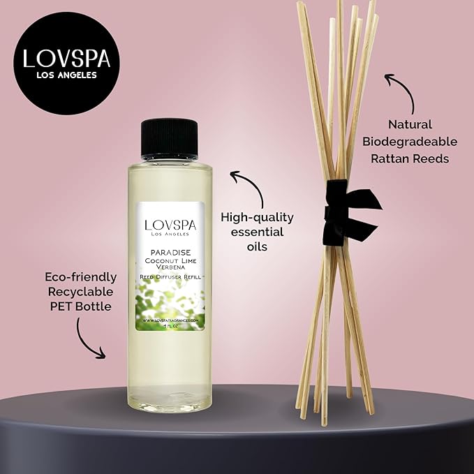 LOVSPA Paradise Coconut Lime Verbena Diffuser Oil - Luxury Essential Oils for Diffuser Refill & Air Freshener Room Spray - Long-Lasting Home Fragrance, Scented Oil for Diffusers, USA Made, 4oz