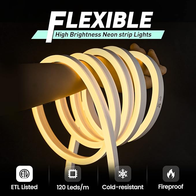 GZBtech Flexible LED Neon Rope Lights 82FT,AC 110-120V Waterproof Strip Light, 2800K Cuttable Connectable Neon Lighting for Indoor Outdoor Home Decor/Commercial Use-Warm White 25M, ETL Listed