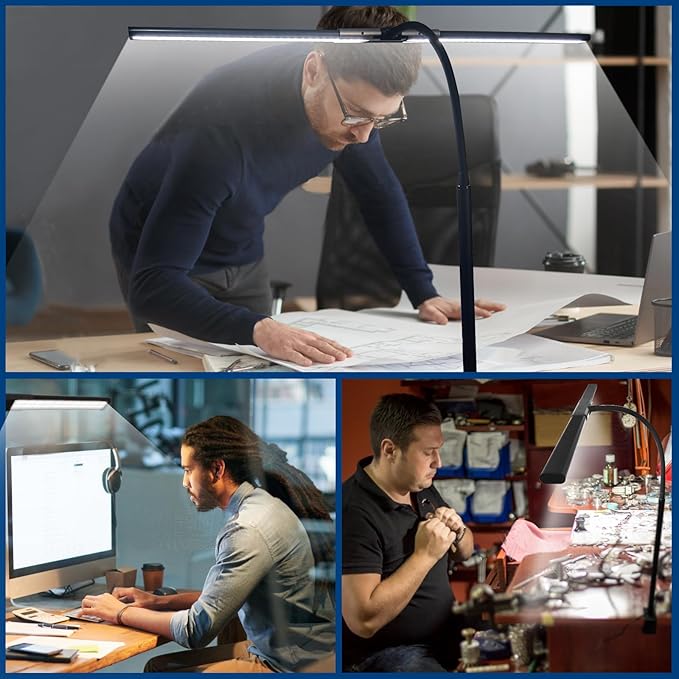 33Inch Desk Lamp for Home Office, Eye-Caring Architect Desk Lamp with Clamp, 24W Ultra Bright Auto Dimming Computer Light Stepless Dimming and Tempering Table Light for Reading, Study, Work