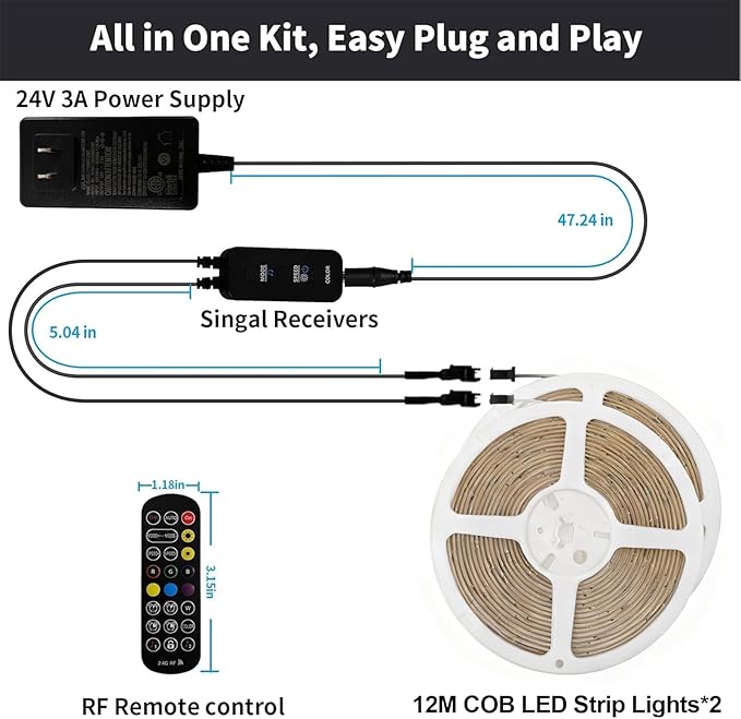 80ft COB RGB+IC LED Strip Lights, Bright Dream Color COB LED Light Strip with RF Remote App Control Music Sync Color Changing for Game Room Bedroom Kitchen Lighting Home Decor（2 Rolls）