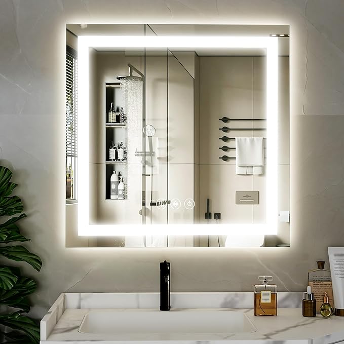 36"x 36"LED Bathroom Mirror, Backlit + Front Lit, LED Bathroom Mirror with Lights for Wall, 3 Colors, Anti-Fog, Dimmable Brightness, Tempered Glass