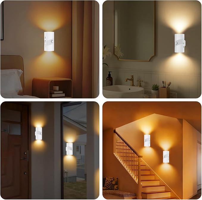 Tomshine Rechargeable Wireless Wall Light (2 Pack) - Motion Sensor Night Light Battery Operated, Adhesive Wall Sconce with 3 Modes, 3 Color Temps & 4 Brightness, USB-C for Hallway, Stairs Indoor