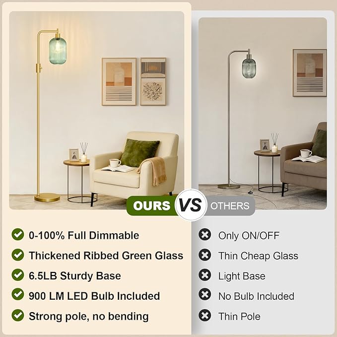 【Upgraded】 Dimmable Glass Floor Lamp for Living Room, Modern Gold Standing Lamp with Green Ribbed Glass Lampshade & Knob Dimmer, Arc Tall Lamp for Bedroom Office Reading Room, 2700K Led Bulb Included
