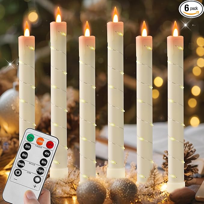 6 Pcs Flameless Taper Candles, Battery Taper Candles Flickering Flame with Embedded Star String, Candle Sticks Battery Powered with Remote Control, Timer Function Ideal for Easter (Ivory)