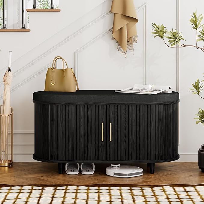 Entryway Bench with Storage: 35.4" Wooden Bedroom Shoe Bench with Thickened Padded Seat Cushion, Mid Century Modern Fluted Sliding Door and Adjustable Shelf, for Entryway, Living Room