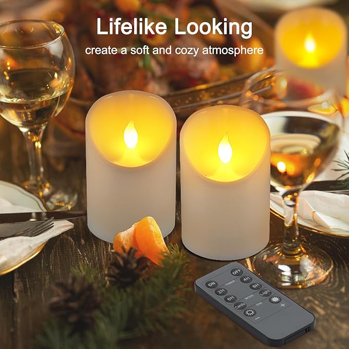 3"x4" Flickering Flameless Candles, Realistic LED Candles, Battery Operated Candles with Remote and Timers, Real Wax Electric Fake Pillar Candles for Festival Wedding Home Party Decor-2Pack