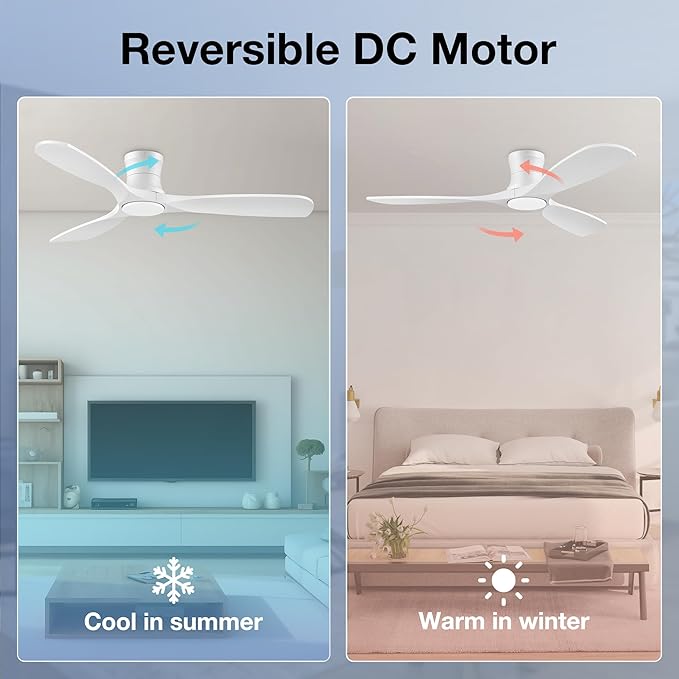 52in Smart Low Profile Ceiling Fans with Lights Remote,Quiet DC Motor,Outdoor Indoor Flush Mount Ceiling Fan,Control with WIFI Alexa App,Dimmable,6-speed,3 White Wood blades,for Modern Bedroom Patio