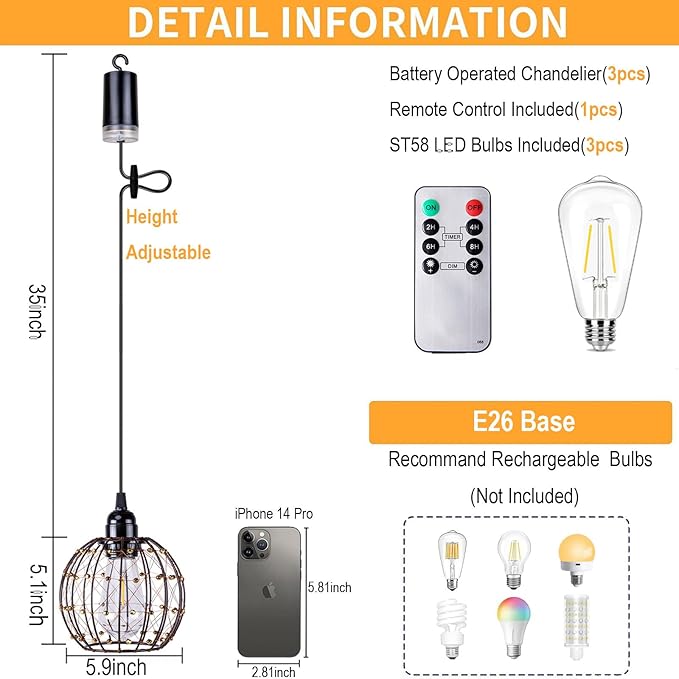 Hanging Pendant Lights, Battery Operated Outdoor Chandelier with Warm White LED Bulb for Patio Tree Pergola Gazebo Porch (Beaded Ball-ST58-3PK)