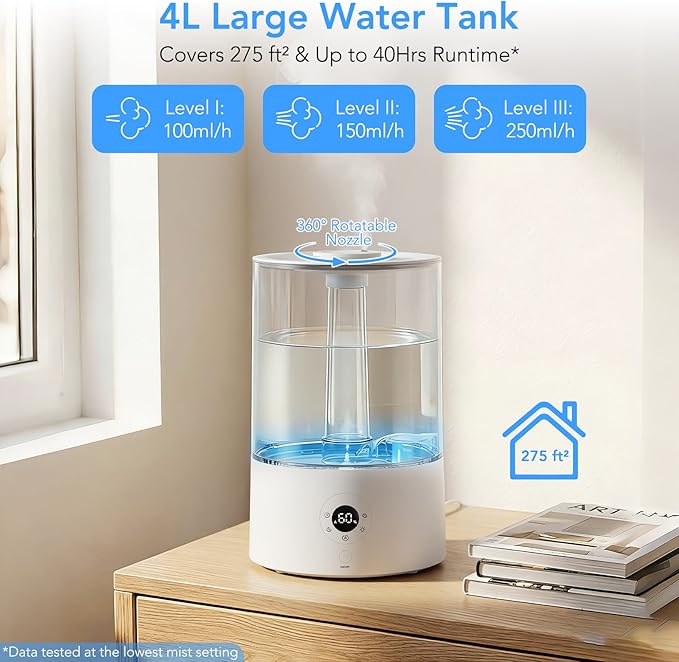 4L Top Fill Humidifier for Bedroom, Auto Constant Humidity, Smart Control, Quiet Ultrasonic Cool Mist, 360° Nozzle, 3 Mist Levels, 7-Color Light for Home Office Baby Room