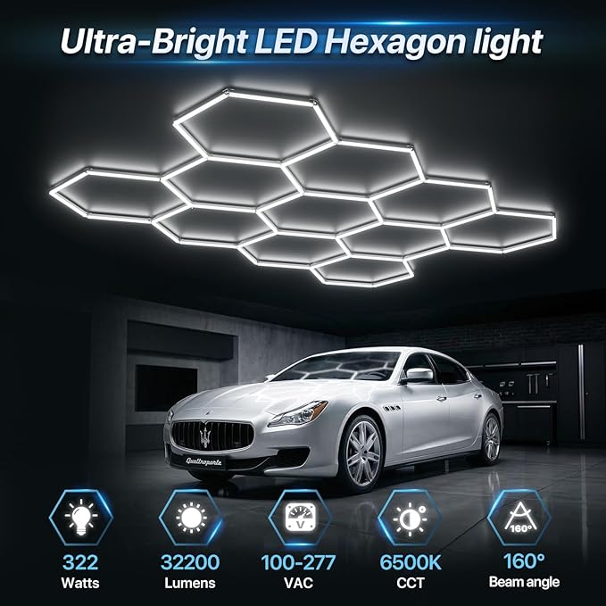 HYPERLITE Gen 2 Hexagon Garage Lights: 322W 32200LM 11 Grids Hexagon Led Light, 6500K Ultra Bright Honeycomb Hex Lights, Easy Install, Durable Design for Garage, Car Detailing, Workshops, Gym
