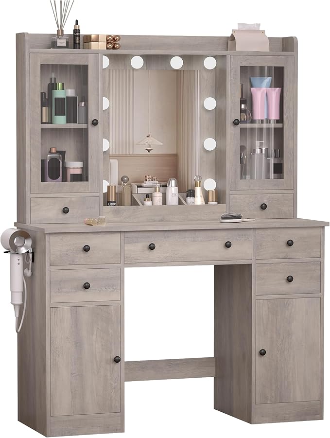 Vanity Desk with Mirror and Lights, 43" Grey Makeup Vanity Set with 5 Drawers & Glass Cabinets, Makeup Tray, Power Outlet & Adjustable LED Lights, Dressing Table for Women & Girls Bedroom