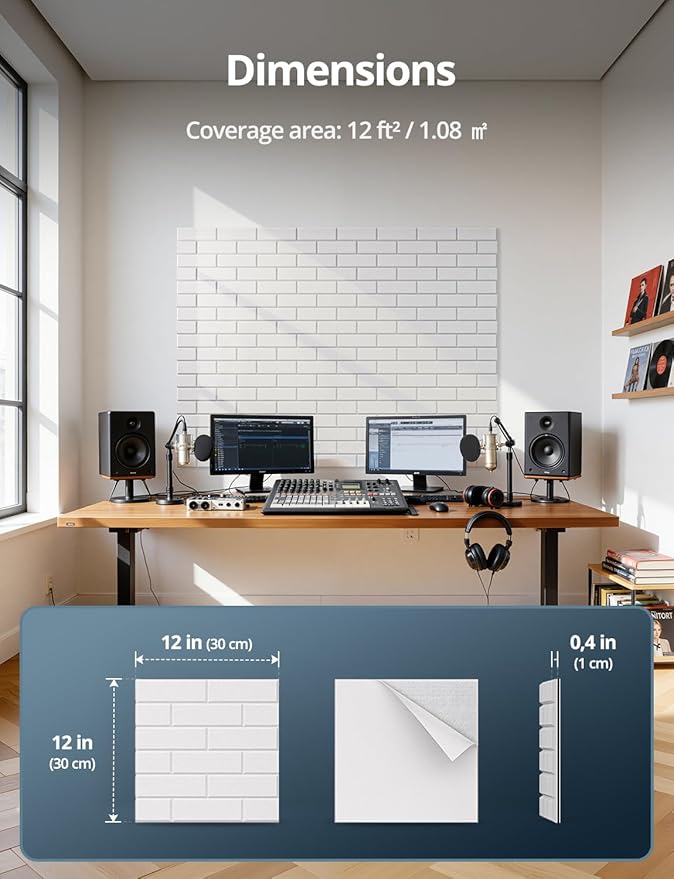 Kuchoow Acoustic Soundproof MLV Wall Panels - Noise Cancelling Blocker for Ceiling,12 Pack Self Adhesive Sound Absorbing and Proofing Dampening Tiles Decorative White Brick for Room, Bedroom, Door
