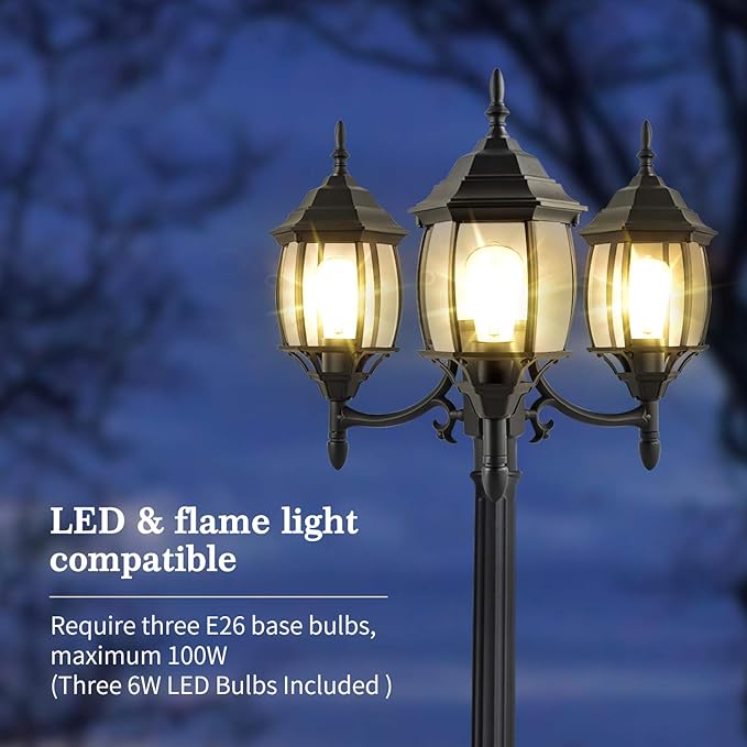 Dusk to Dawn Sensor Outdoor Lamp Post Light 3-Head, Classic Black Light Pole with Clear Glass Panels (3 LED Bulbs Included, Max.100W), Waterproof Outside Street Light for Backyard, Garden, Driveway