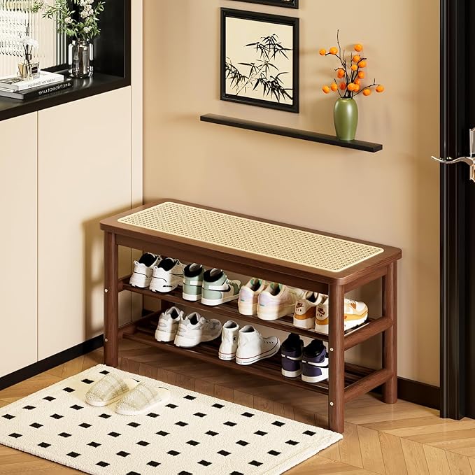 latifolia Shoe Rack Bench, 3-Tier Bamboo Shoe Bench with Breathable Rattan Seat Cushion, Shoe Storage Rack for Entryway(Walnut,31.50''L)