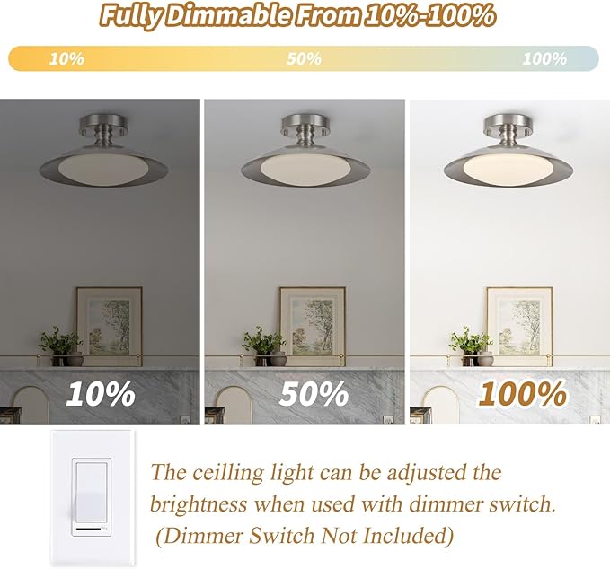 Dimmable Brushed Nickel Ceiling Light Flush Mount Modern LED Lighting Fixture, 5CCT 3000 K- 6000 K Ceiling Lamp for Bedroom Hallway Living Room Kitchen