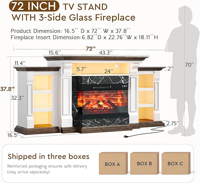 LGHM LED Electric Fireplace TV Stand with Outlet, 72'' Fireplace Mantel for TVs up to 80'', Modern Entertainment Center with 3-Sided Glass Fireplace Heater Insert for Living Room