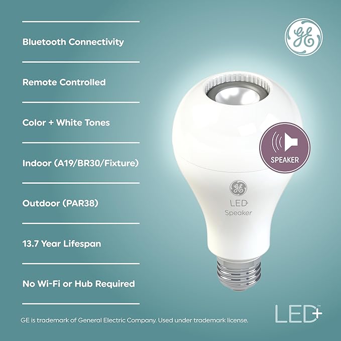 GE LED+ Speaker Light Bulb, Soft White, Bluetooth Speaker, No App or Wi-Fi Required, Remote Included, A21 Light Bulbs, 60W (3 Pack)