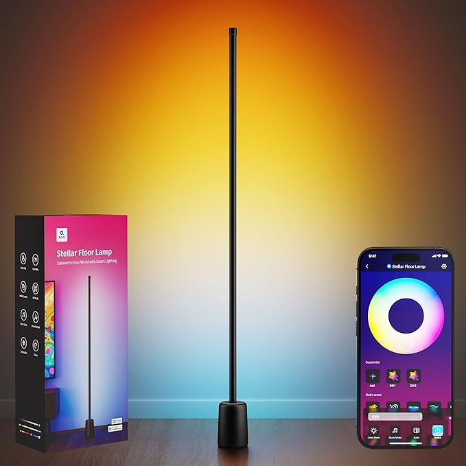 Ailofy Corner Floor Lamp, 1500lm RGBW LED Lamp, Alexa & Google Assistant Compatible, 16 Million DIY Colors, Music Sync, App Control, Modern Smart Floor Lamp for Living Room, Bedroom, Black