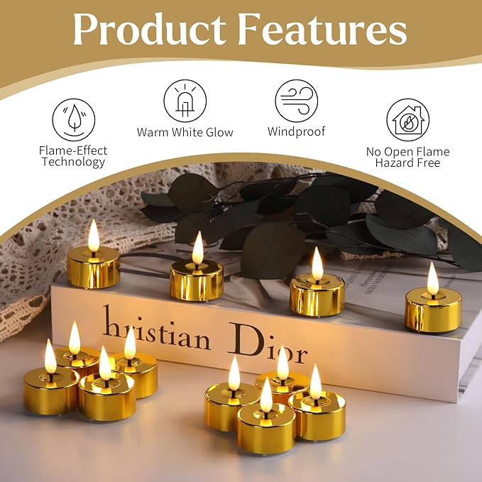 Eywamage Gold LED Tealights with Remote Batteries, Flickering Flameless Tea Lights Votive Candles Set of 12