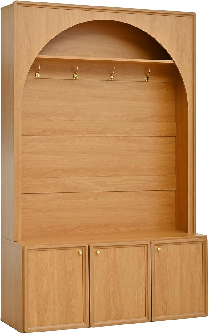 LUMISOL Farmhouse Hall Tree with Adjustable Shelves for Entryway, Arched Design Coat Rack with 4 Golden Hooks, Entryway Bench with 3 Cabinets for Mudroom, Retro Hall Cabinet for Living Room, Natural