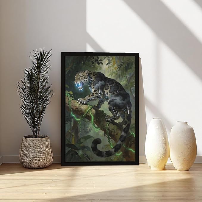 Framed Steampunk Mechanical Leopard Wall Art - Jungle Futuristic Beast Poster for Man Cave Living Room Decor 24x36in