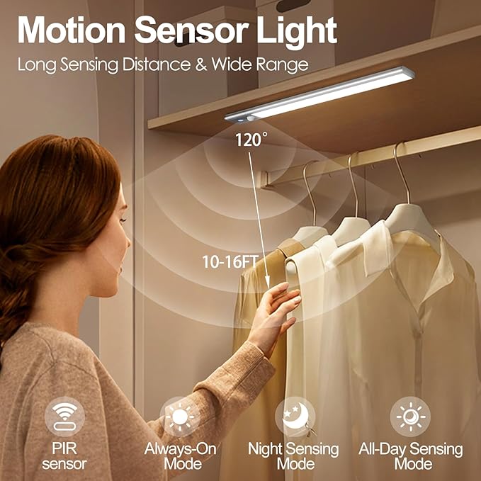 Quntis LED Under Cabinet Lighting Rechargeable, Wireless Motion Sensor Light Indoor, 2 Pack 12" 3000-6000K Dimmable Closet Lights Battery Operated, Magnetic/Stick on Under Counter Lights for Kitchen