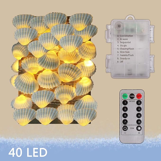Natural Beach Seashell String Lights 13.85 Ft 40 Warm White LED Weatherproof Battery Operated 8 Modes Ocean Lights for Holiday Parties Bedrooms Weddings Gardens with Remote and Timer