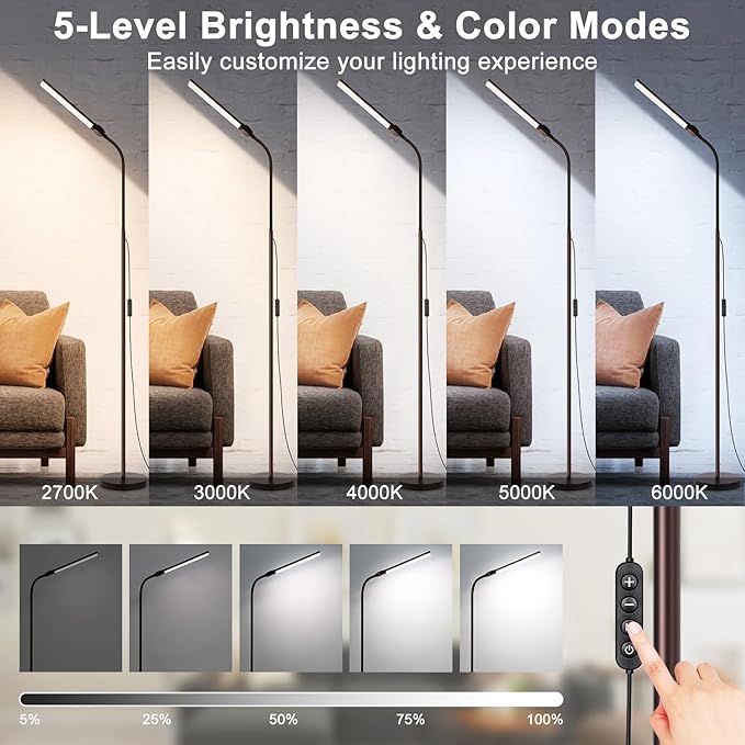 Floor Lamp, 18W/2000LM Bright LED Floor Lamp with Double Head, Adjustable Gooseneck Dimmable Craft Light for Sewing Tatoo Makeup, Eye Caring Brown Reading Floor Lamps for Living Room Bedroom Office