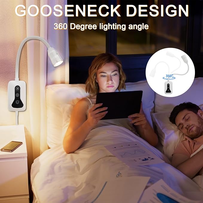 2 Pack Wall Mounted Headboard Reading Light, LED Dimmable Touch Control, Adjustable Neck, Ideal for Bedside, Office, or Reading（White）