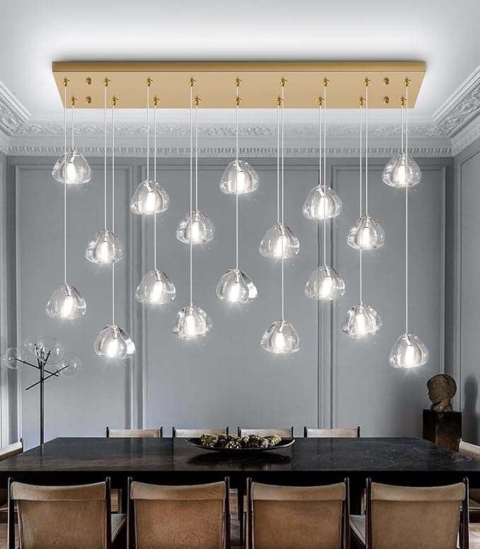 W35 x D11.8 x H118 Rectangular Chandelier Bubble Crystal Balls Glam Chandeliers Dimmable Light High Ceiling Pendants Light Fixtures Adjustable Long Lights Antique Gold