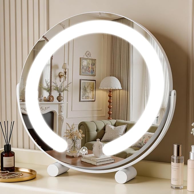 Vanity Mirror with Lights, 12" LED Makeup Mirror, HD Professional Mirror, Smart Touch with 3-Color Lighting, Dimmable, 360° Rotation, Lighted Up for Makeup Desk, Bedroom (White)