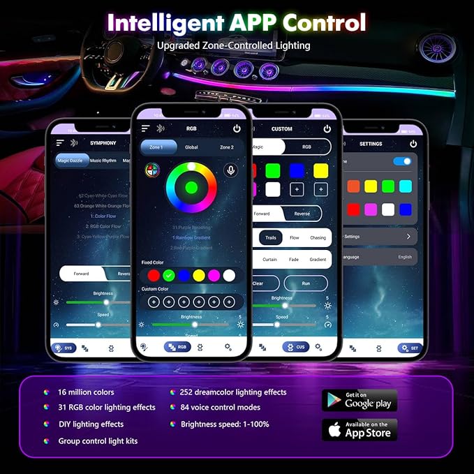 New Version Dreamcolor Acrylic Car Interior Lights 18 in 1 RGB Car Ambient Lighting Kit APP Control Zoned Control System 252 Color Modes DIY 16 Million Colors Music Sound Active Neon Light Kits